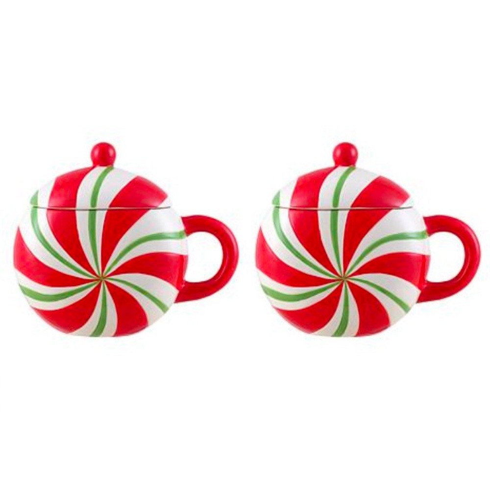 Mr. Christmas Set of 2 Peppermint Candy Holiday Mugs with Lids - Picture 2 of 3